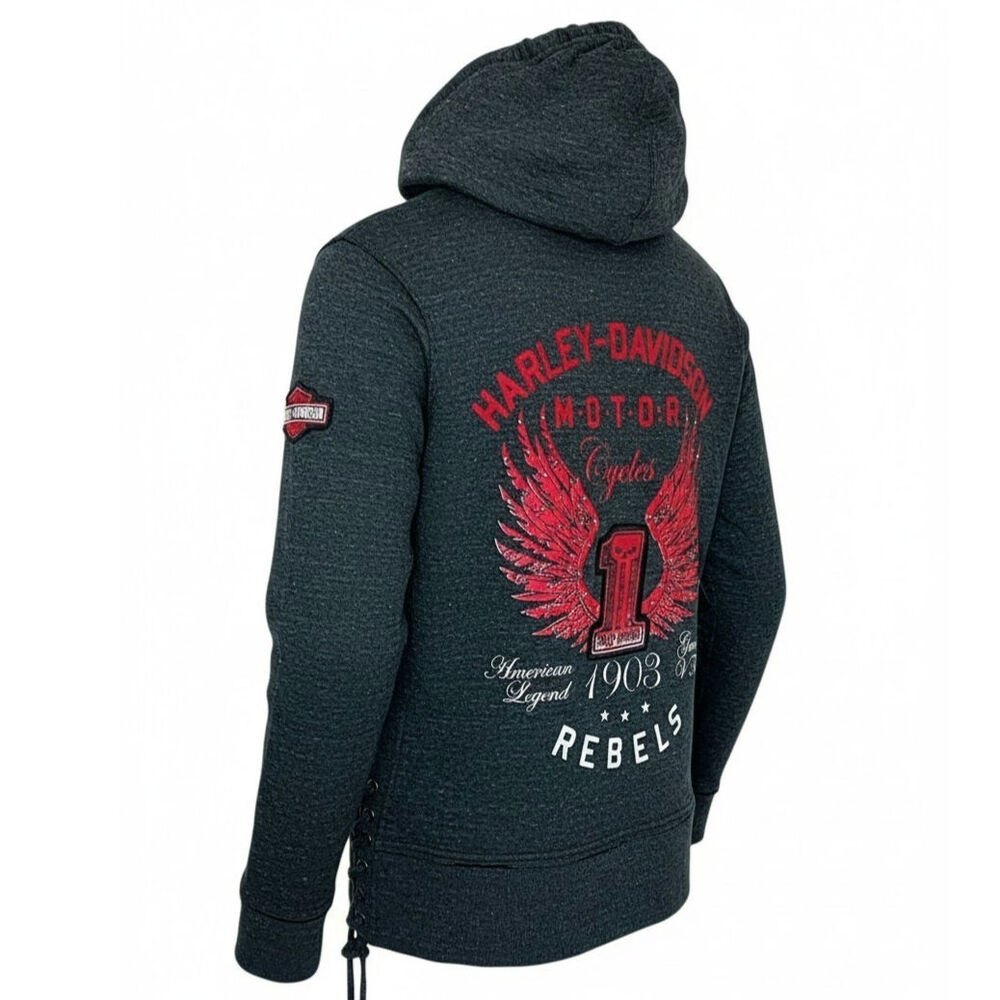 Harley Davidson Women's Graphic Moto Embellished Hoodie Gray Pink Studs Size XL